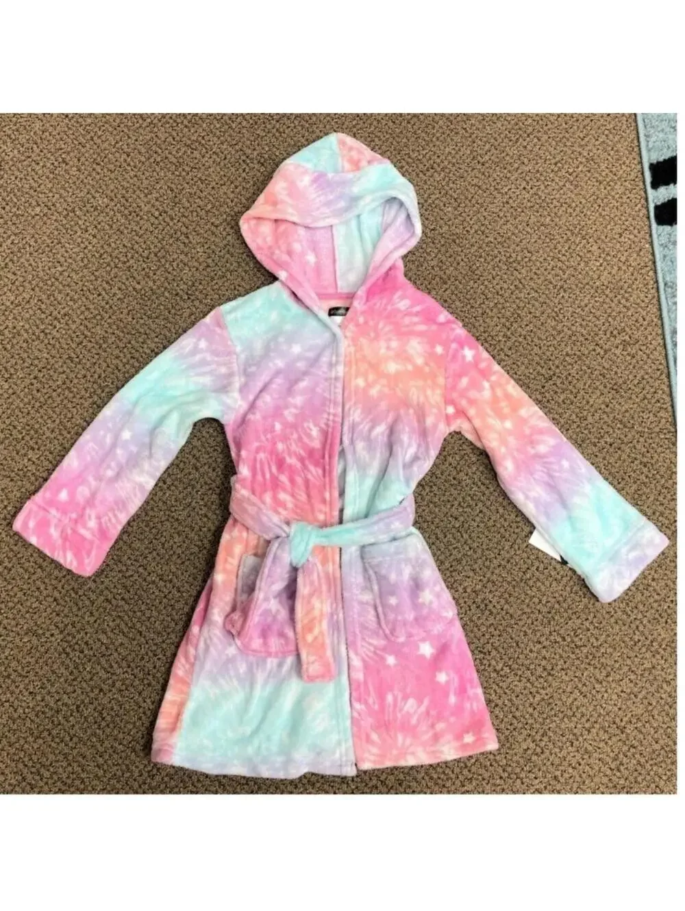 Cuddl Duds Bath Robe Girls 6/6X Pink Rainbow Hooded Fleece Long Sleeve Winter